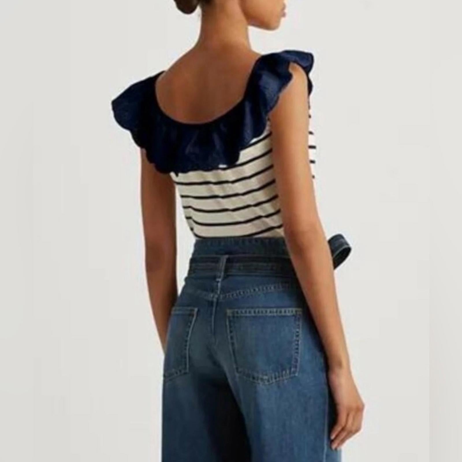 Lauren Ralph Lauren Striped Eyelet Ruffle Top, Cap Sleeve Round Neck Size XL NWT