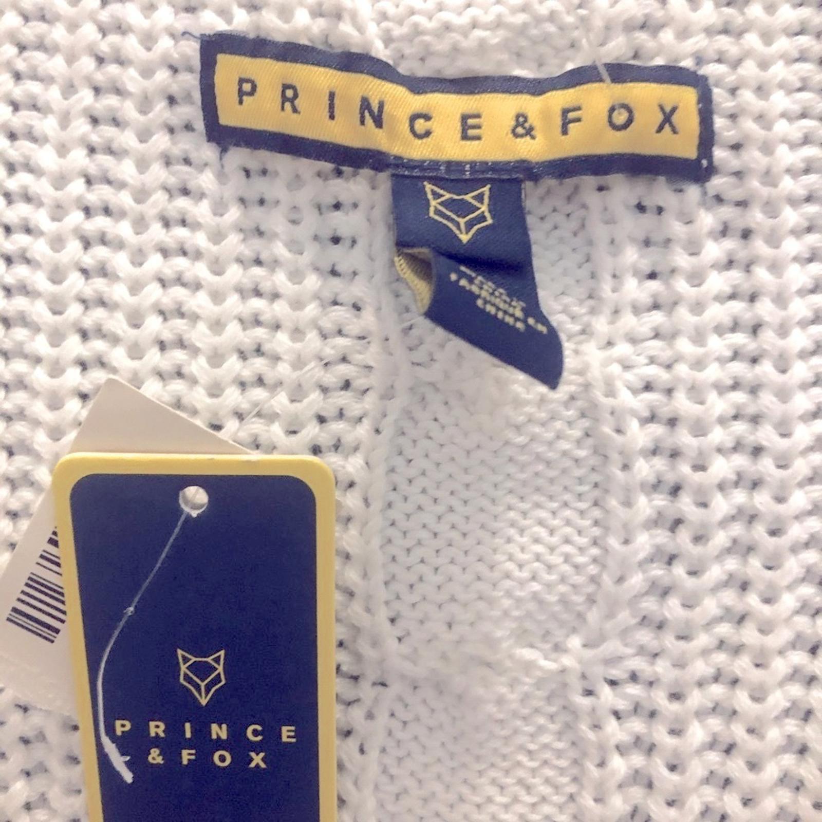 Prince & Fox Knit V-Neck Cable Knit Sweater White w/Blue Trim, Size S New w/Tag