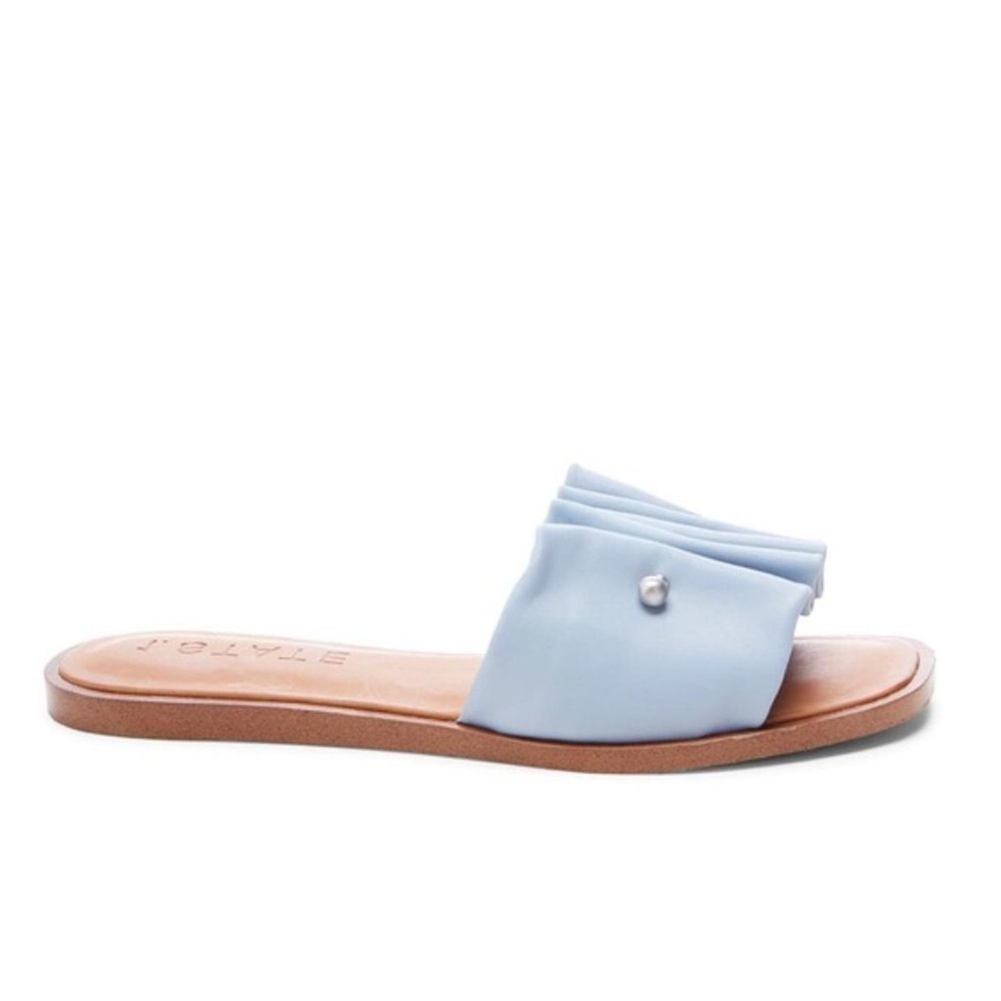 1.State Blue Fann Ruched Leather Slide Sandals, Size 7.5 New in Box