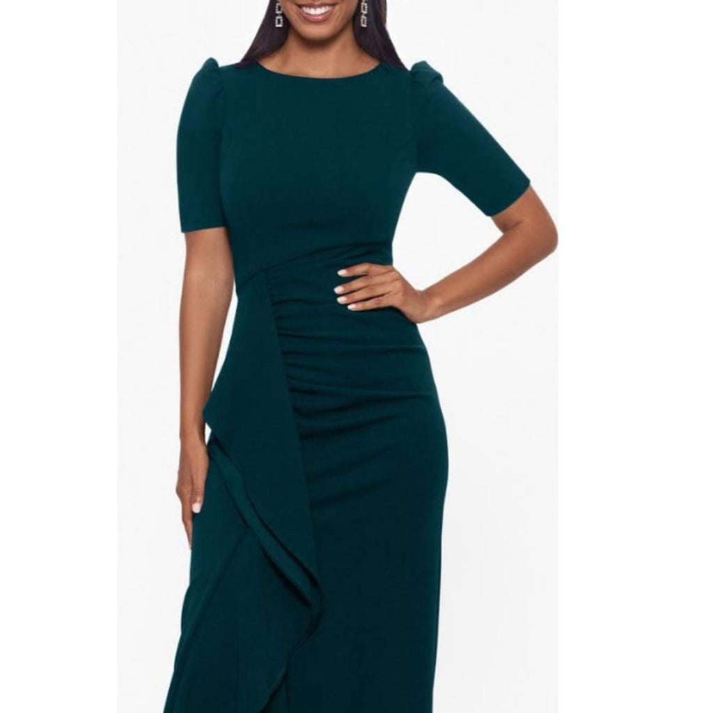 XSCAPE Scuba Crepe Ruffle Gown in Pine Green, Size 10 New w/Tag