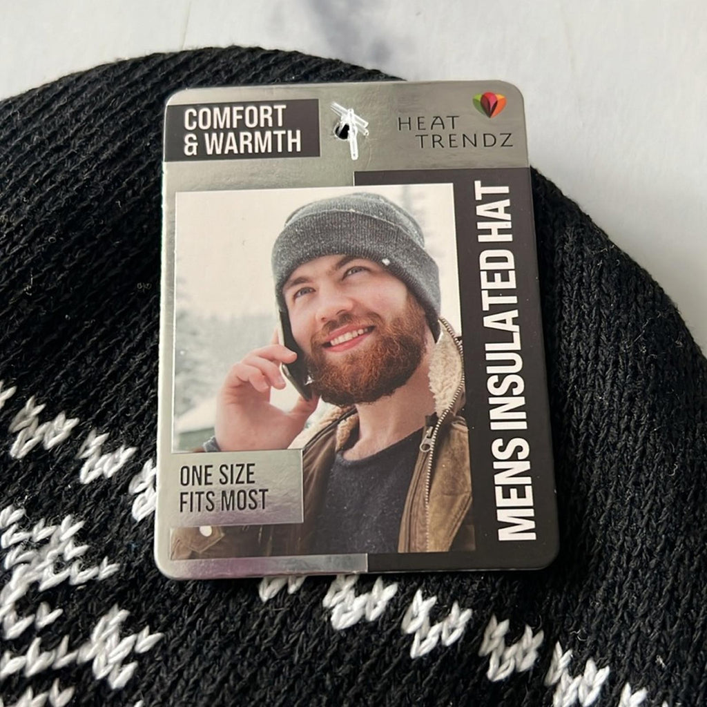Men’s Insulated Hat, Knit Beanie, Black & White One Size New w/Tag