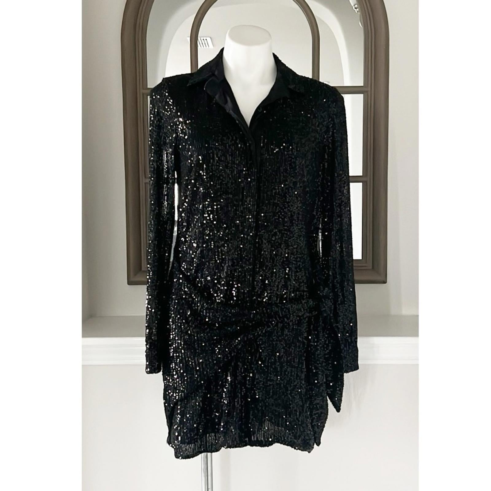 Parker Black Faux Wrap Button Front Mini Dress, Sequin Black Size S