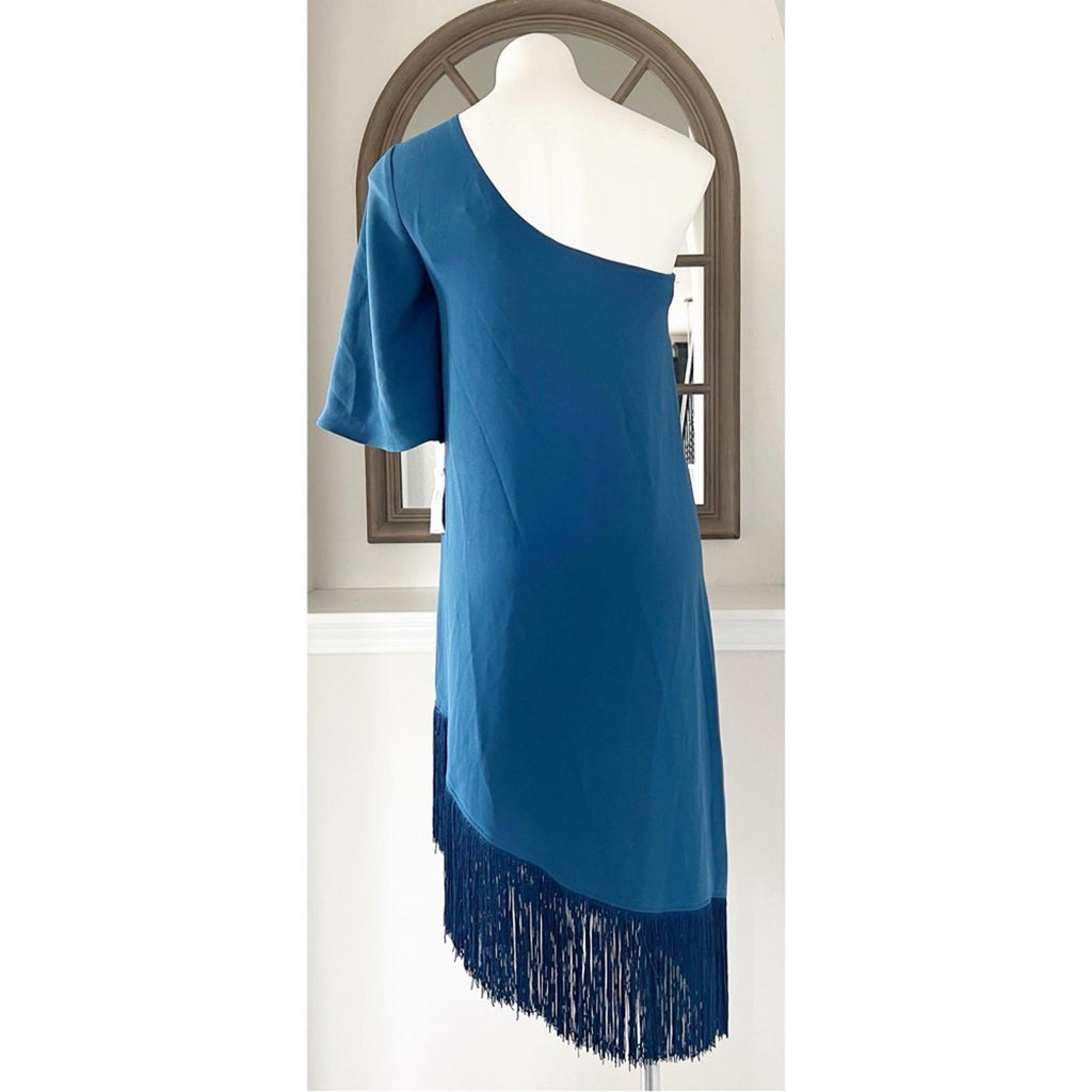 Trina Turk Gull One-Shoulder Fringe-Hem Dress, Size L New w/Tag