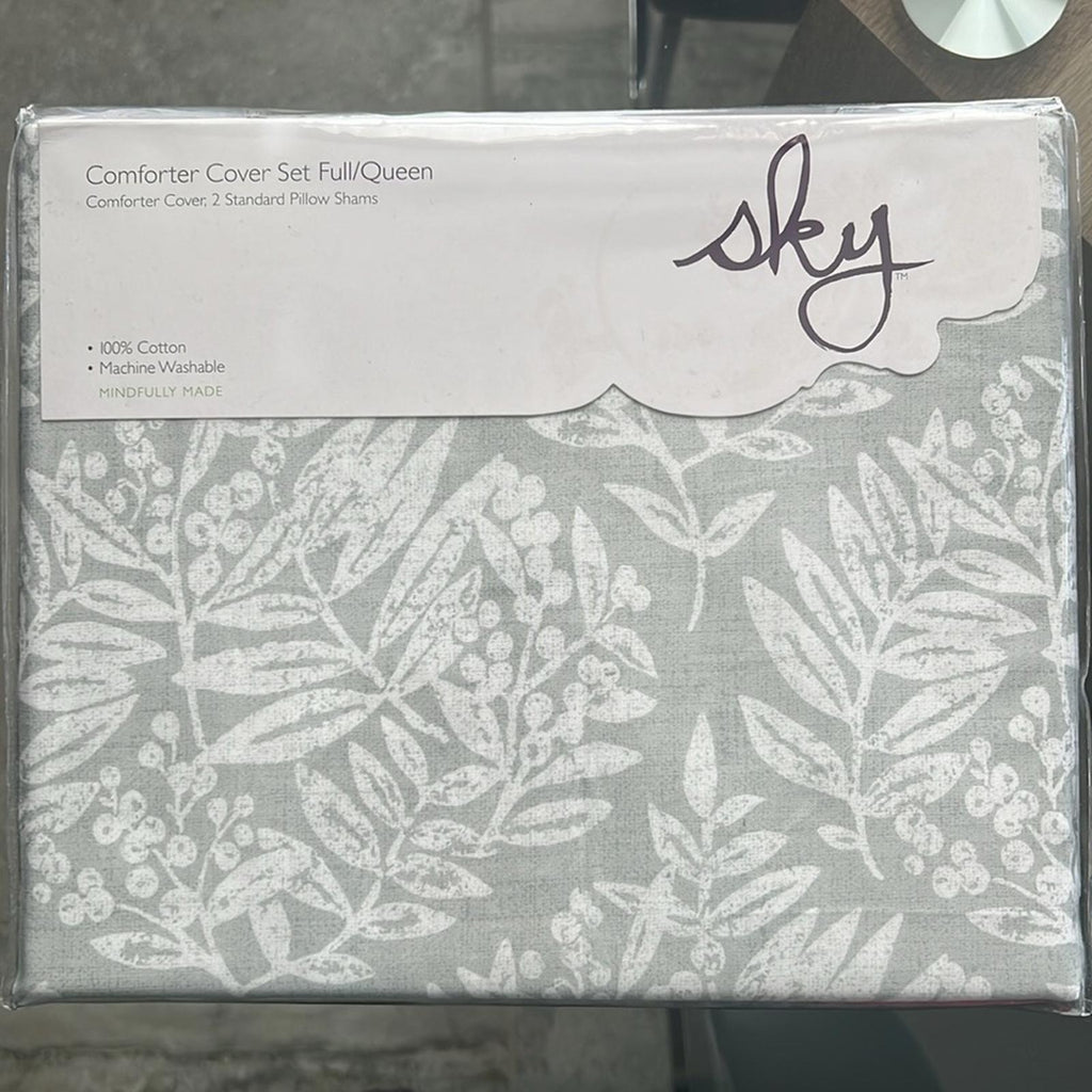 Sky Woodblock Flora Duvet Set in Grey & White, Full/Queen New w/Tag Retail $260