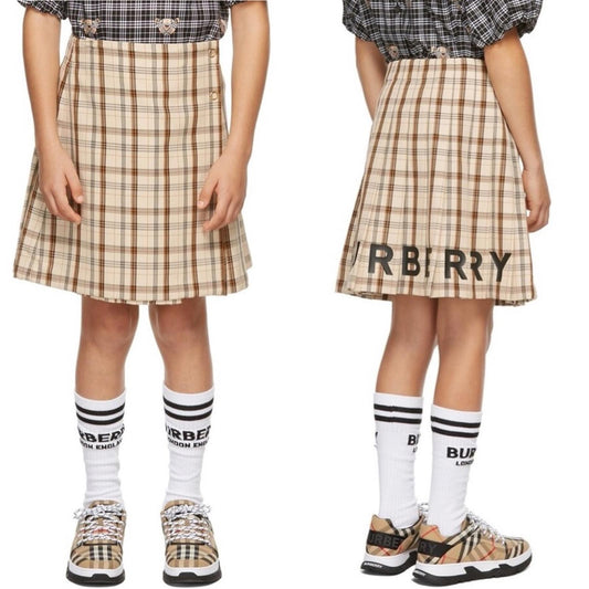 Burberry Kids Beige Check Logo Print Lianne Pleated Skirt, Size 4Y New w/Tag