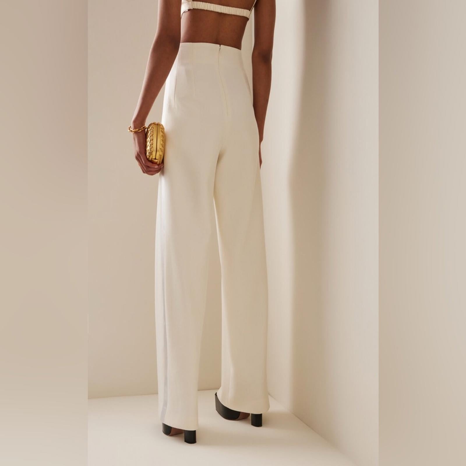 Sergio Hudson Silk Satin-Trimmed Wool-Blend Crepe Wide-Leg Pants Size2 NWT $1225