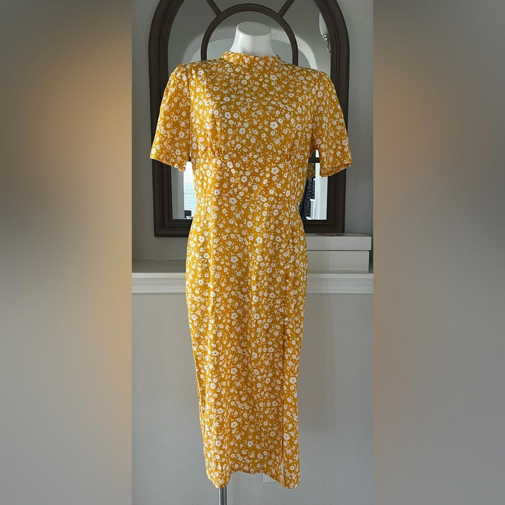 New ASOS Midi Tea Dress with Buttons, Mustard based Floral, Size US12, EU44