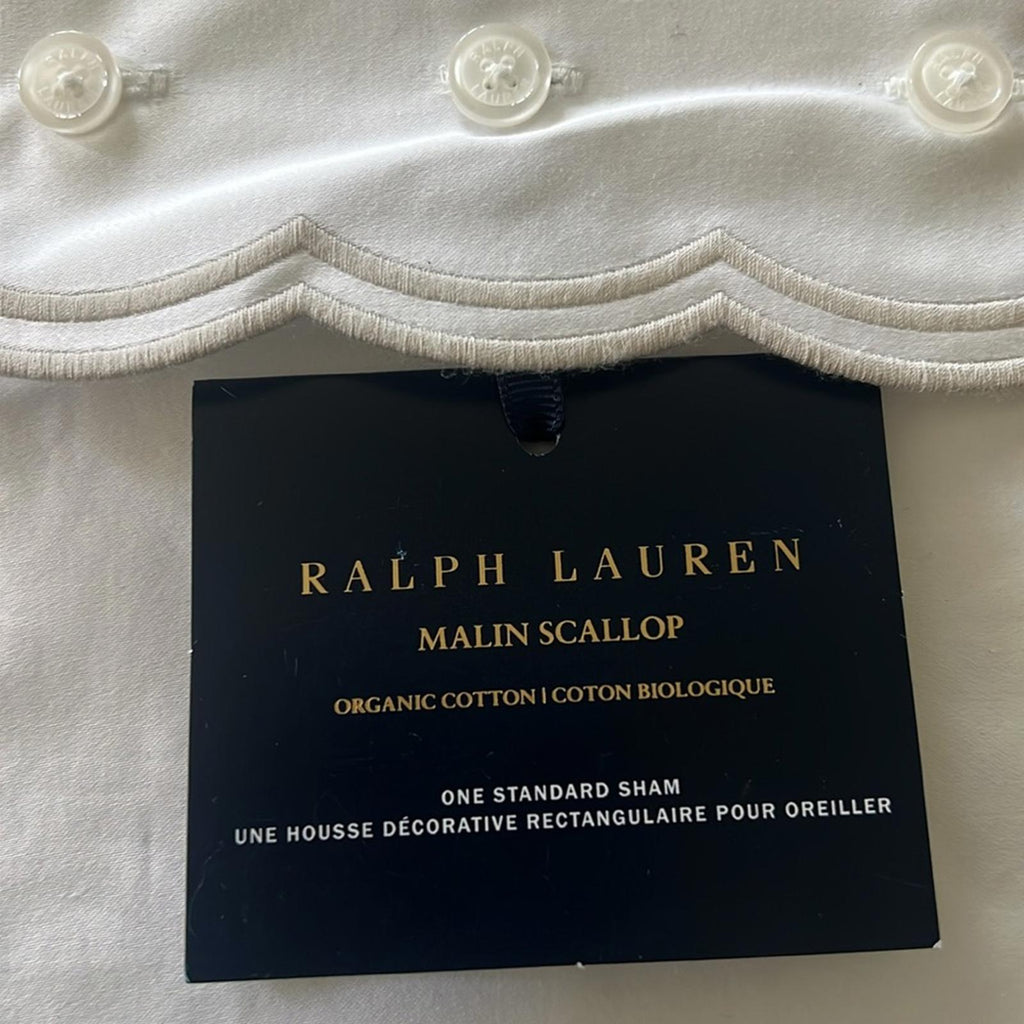Ralph Lauren Organic Cotton Malin Scallop Standard Sham in White/Silver NEW $200