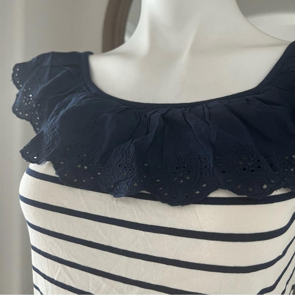 Lauren Ralph Lauren Striped Eyelet Ruffle Top, Cap Sleeve Round Neck Size XL NWT