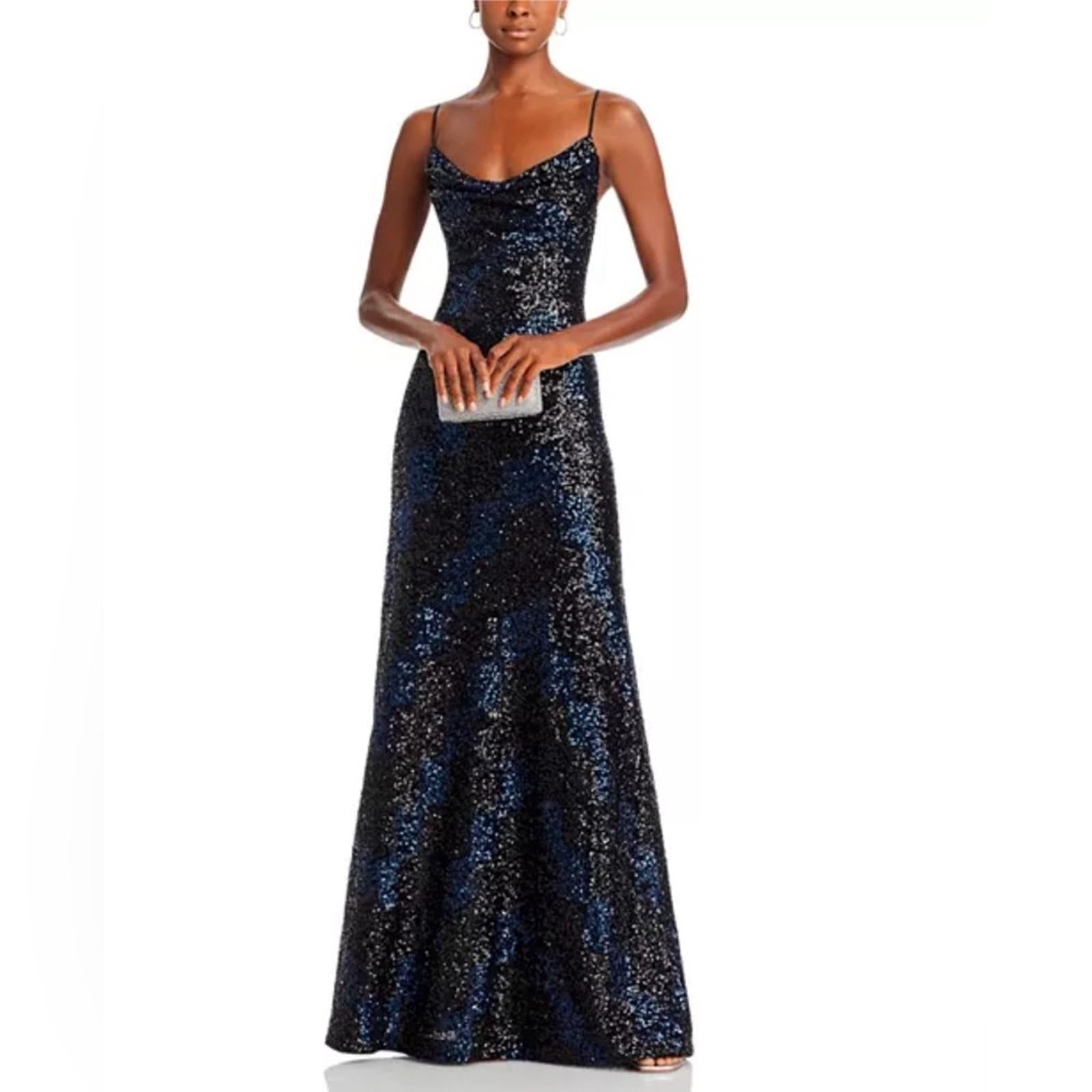 Halston Syrena Gown in Wave Sequined , Black/Navy Size 12 New w/Tag Retail $595