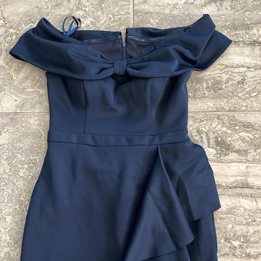 New XSCAPE Bow Off-the-Shoulder Scuba Knit Cocktail Dress, Navy Size 10 w/o Tag