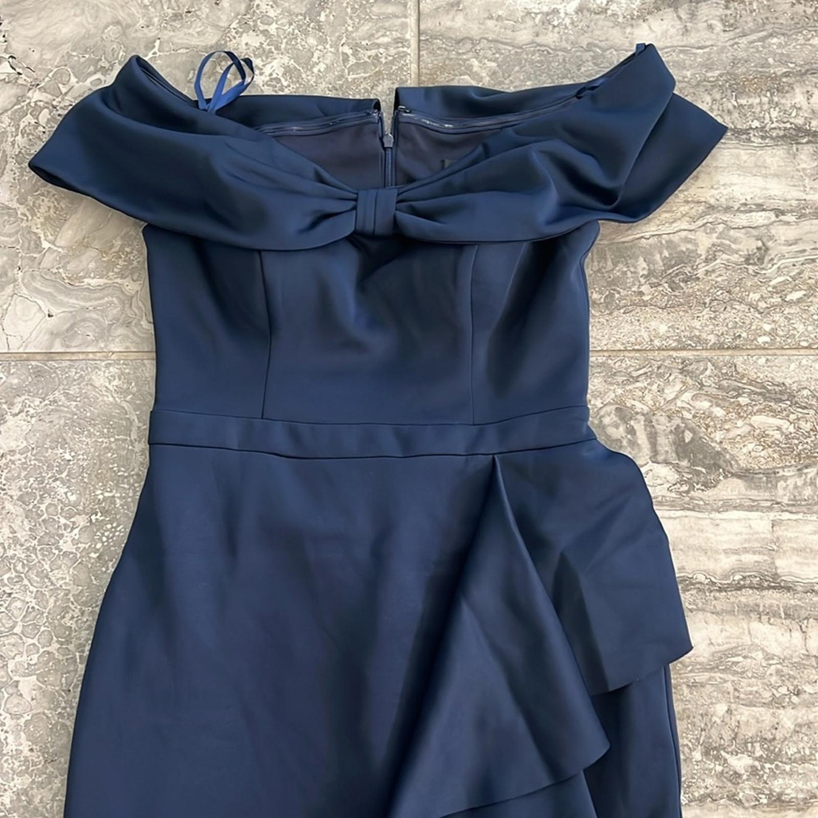 New XSCAPE Bow Off-the-Shoulder Scuba Knit Cocktail Dress, Navy Size 10 w/o Tag