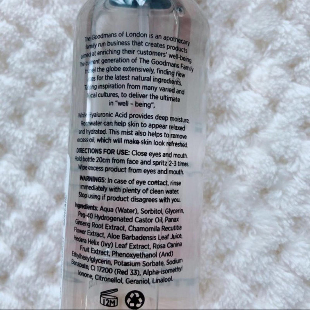 Goodmans Hyaluronic Acid & Rose Water Face Mist (Made in England) 125mL New