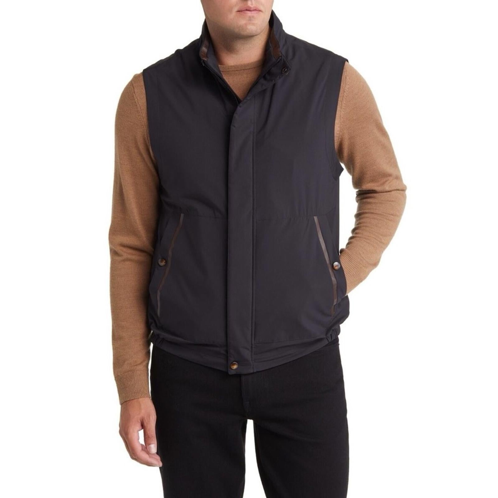 CANALI Rain & Wind Tech Padded Shell Gilet Zip Vest Navy, Size US 32 | EU 48 NEW