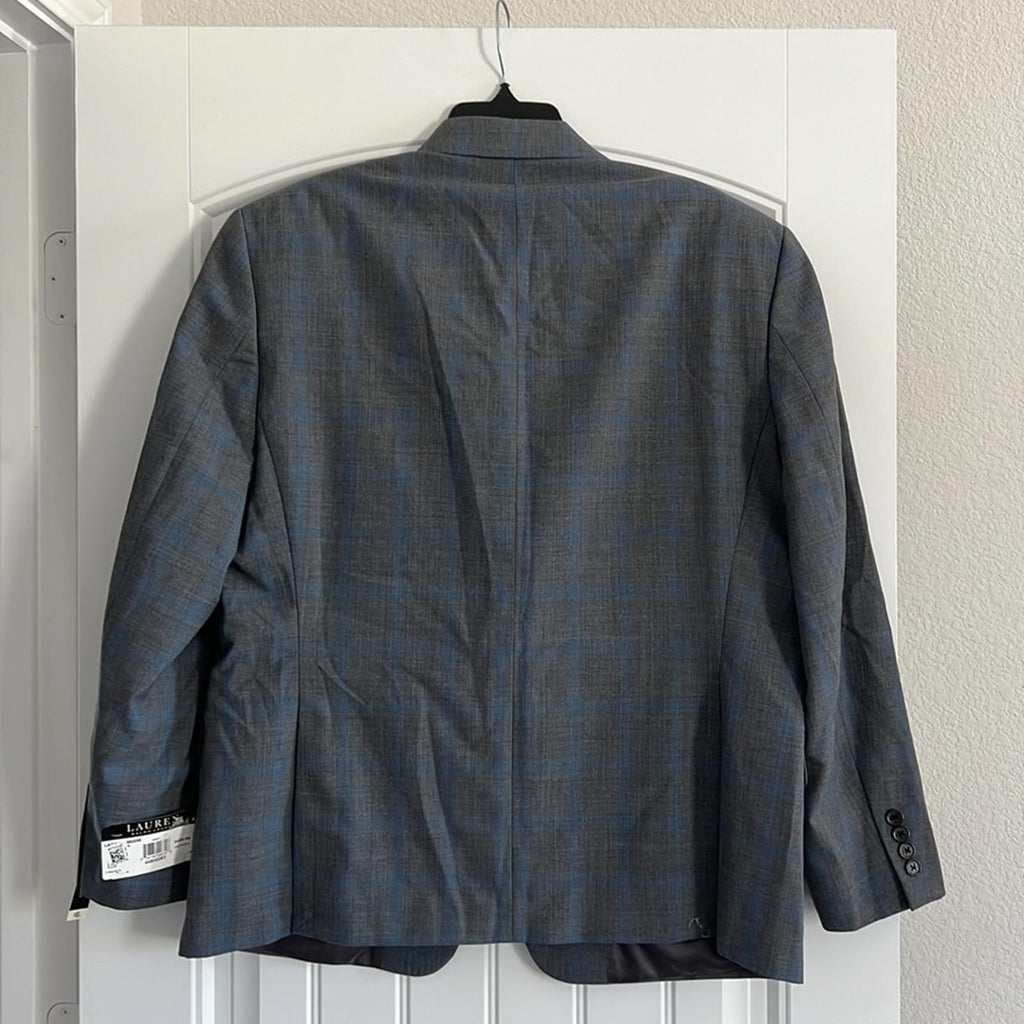 $450 Lauren Ralph Lauren Gray Blue Plaid Classic-Fit Blazer, UltraFlex Size 44S