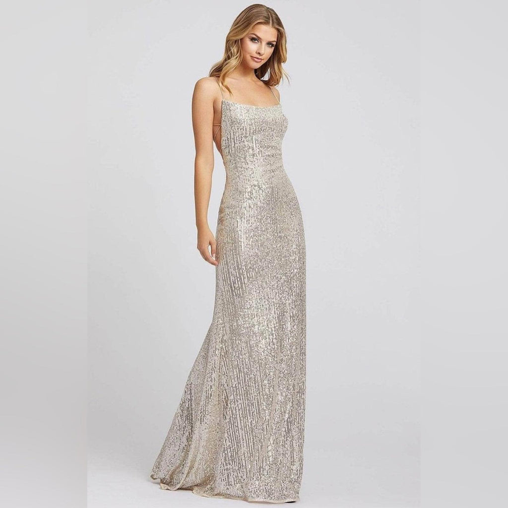 Mac Duggal IEENA Allover Sequin Strappy Open Back Gown in Nude Silver Size 4 NWT