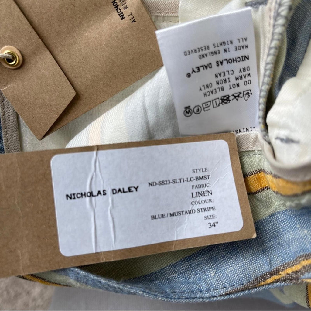 Nicholas Daley Linen Striped Trousers in Blue/Mustard, Size 34 NEW w/Tag $650