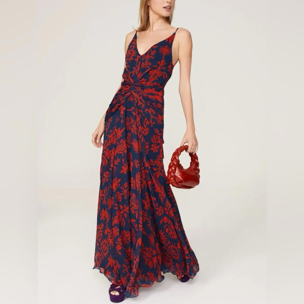 Andres Otalora Printed Chiffon Tie Back Gown in Blue & Red, NWT, Size 0