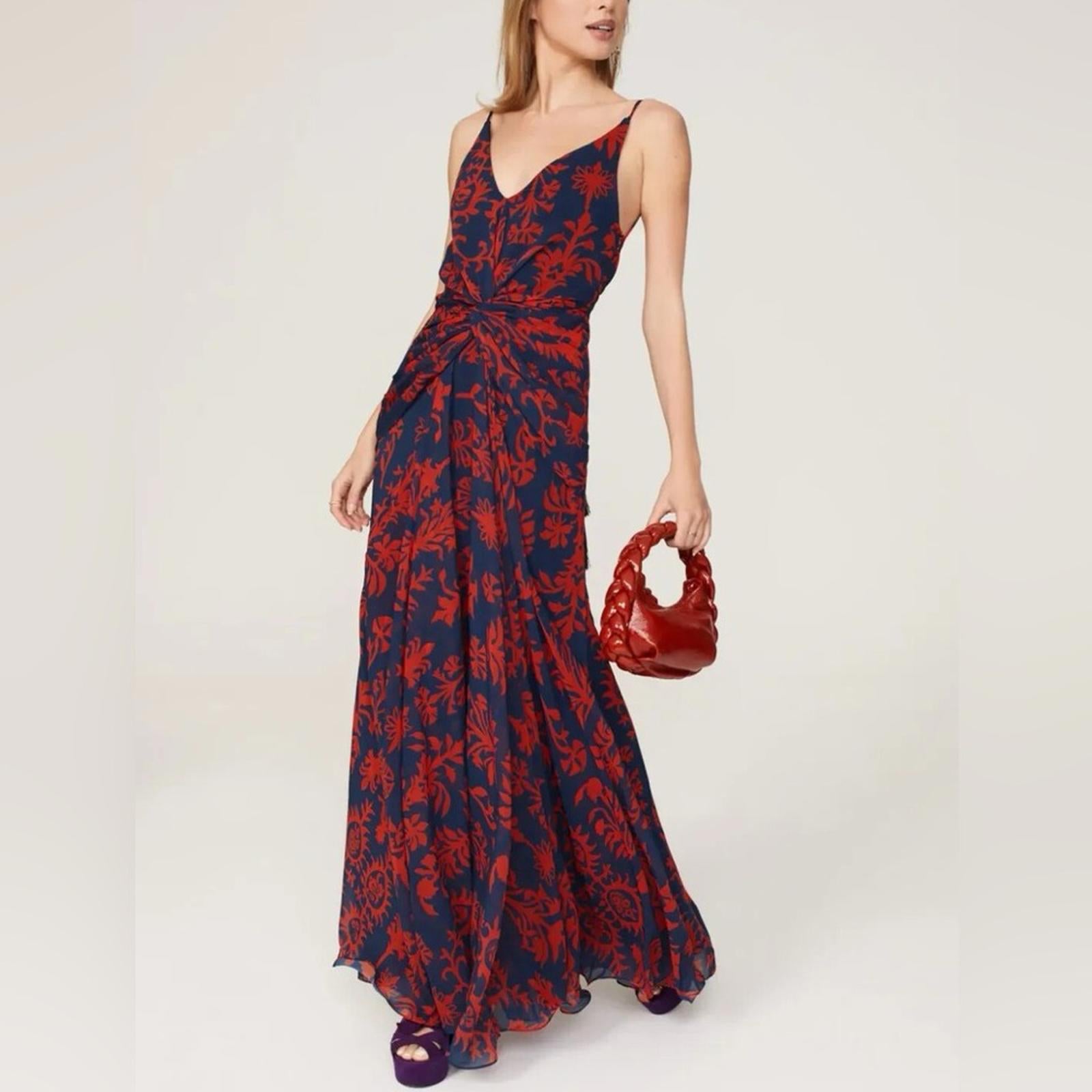 Andres Otalora Printed Chiffon Tie Back Gown in Blue & Red, NWT, Size 0