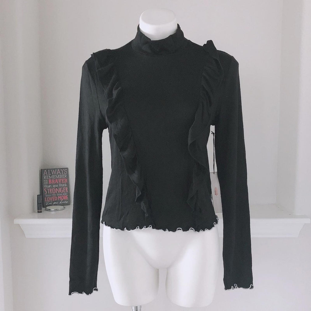 June & Hudson Mock Neck Sweater w/Ruffles Black w/ White Trim Size XL New w/Tag