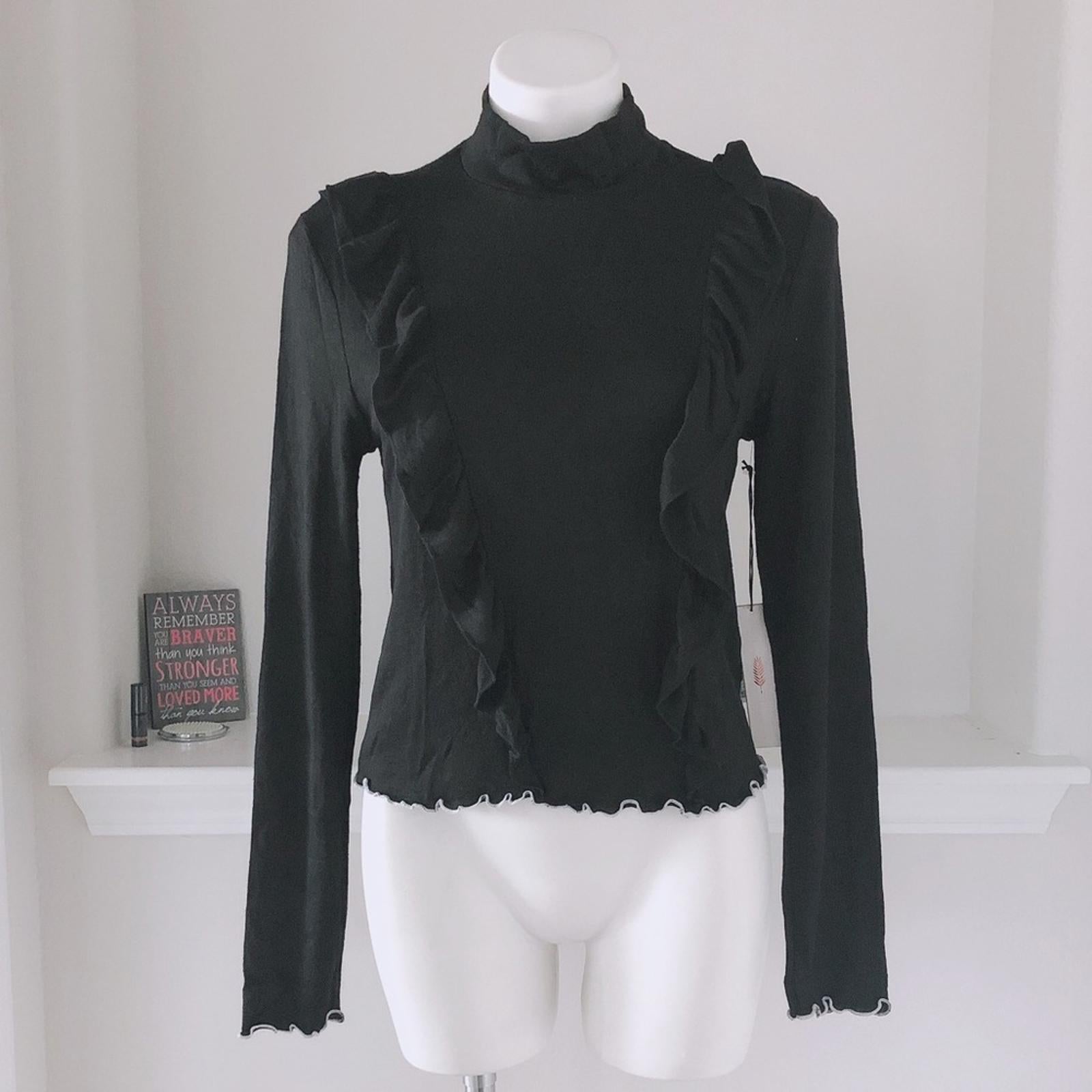 June & Hudson Mock Neck Sweater w/Ruffles Black w/ White Trim Size XL New w/Tag