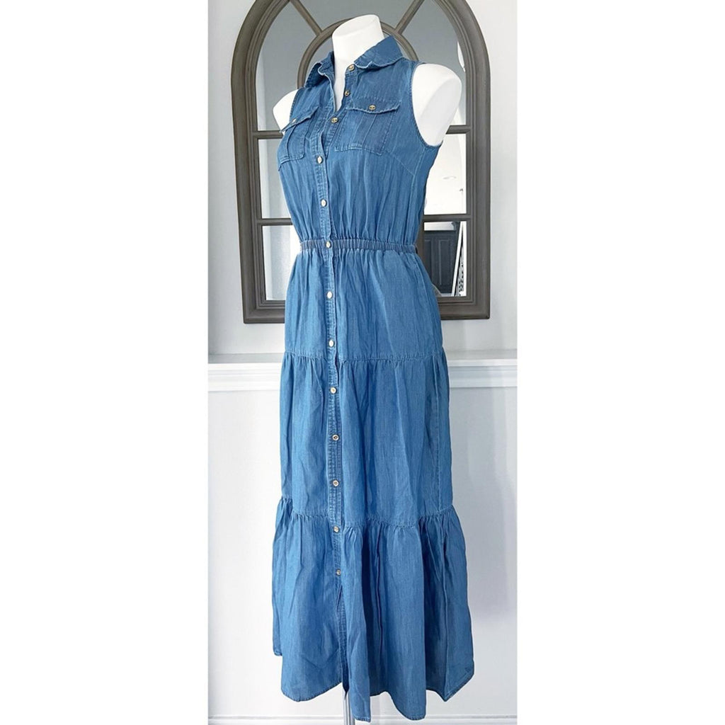 Michael Kors Chambray Tiered Ankle Dress in Light Cadet Wash, Size XS NWT $195