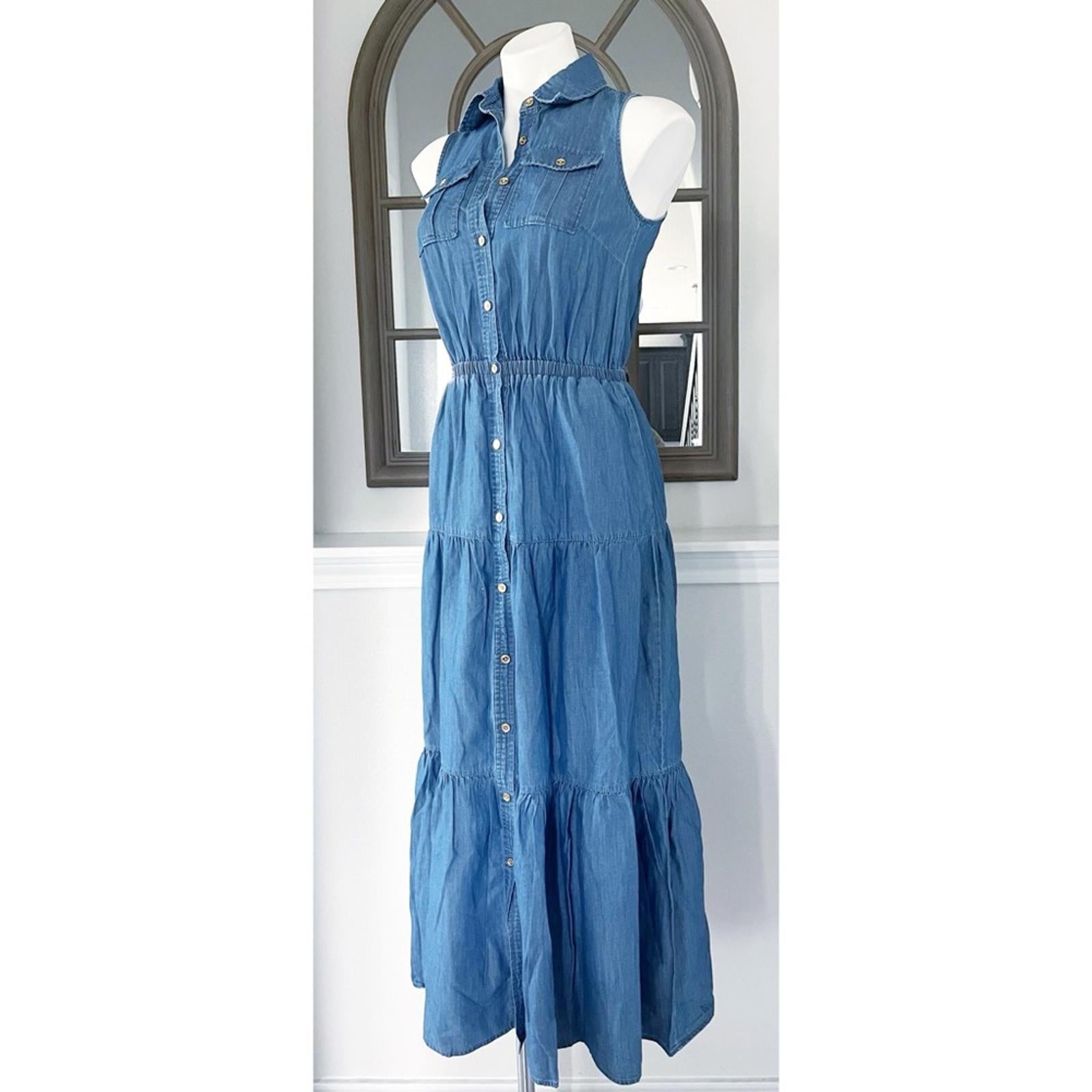 Michael Kors Chambray Tiered Ankle Dress in Light Cadet Wash, Size XS NWT $195