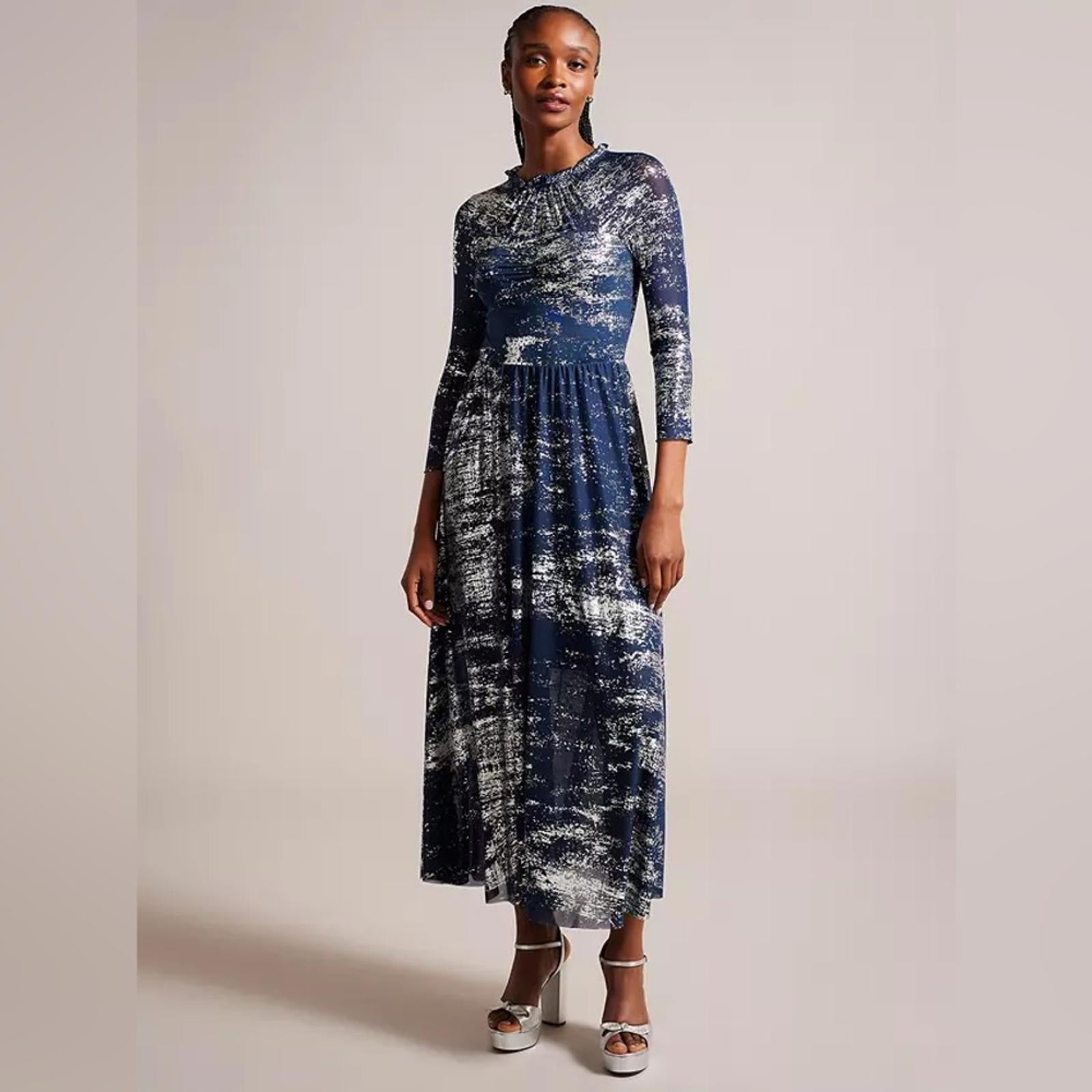 TED BAKER Iggiey Metallic Burnout Midi Dress, 3/4 Sleeves Navy Size 4 US 10 NWT