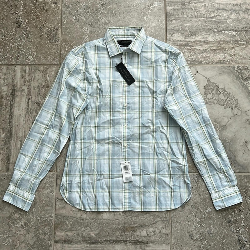 The Men’s Store Bloomingdale’s Plaid Button Up Dress Shirt Blue Sage Size M NWT