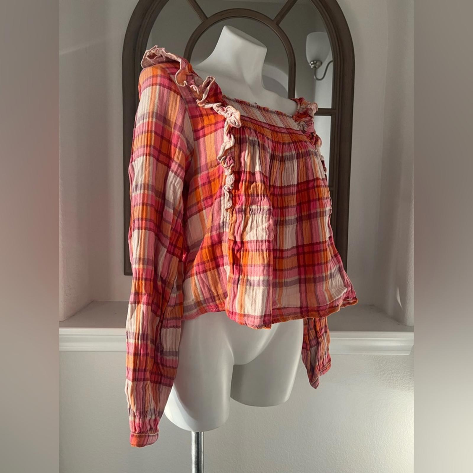 Free People Siena Plaid Long Sleeve Ruffle Top Cotton Size S New w/Tag