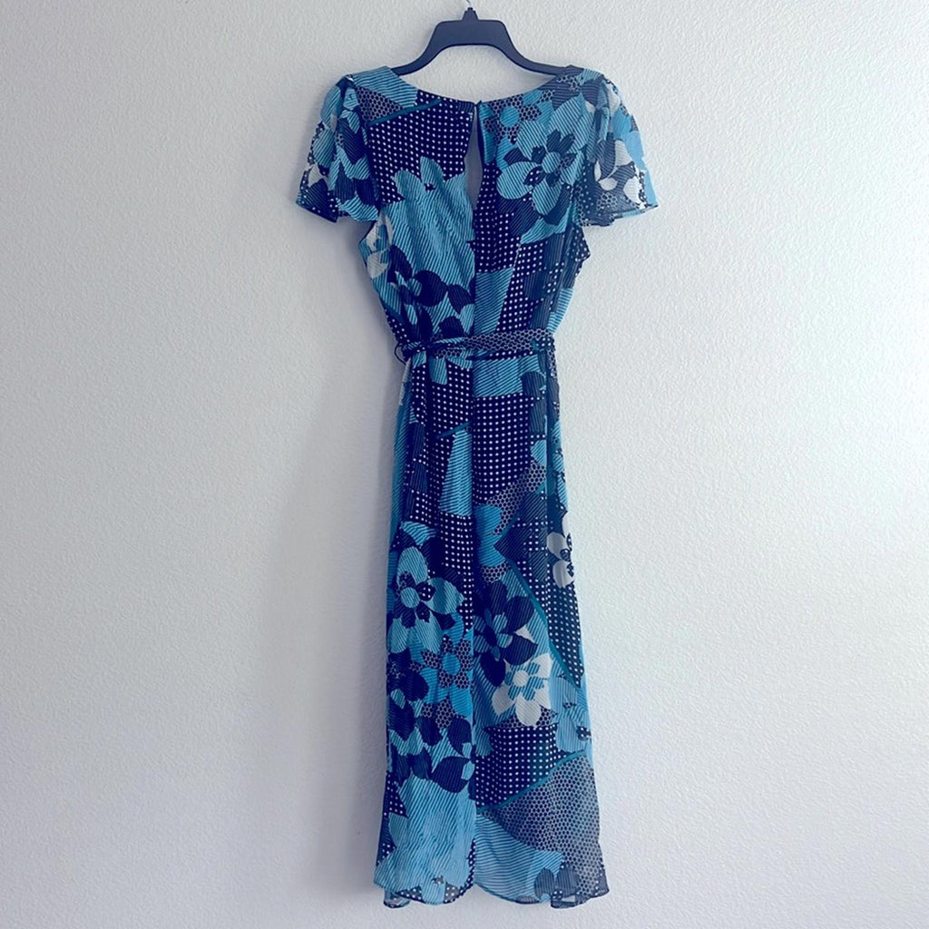 DKNY Faux Wrap Midi Dress in Blue Multi, NWT, Size 14
