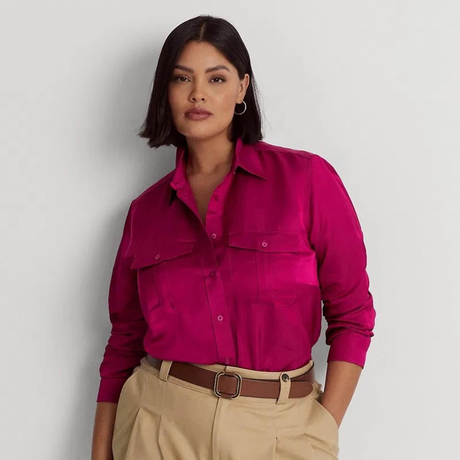 Lauren Ralph Lauren Satin Long Sleeve Buttoned Top in Fuchsia, Plus Size 1X NWT