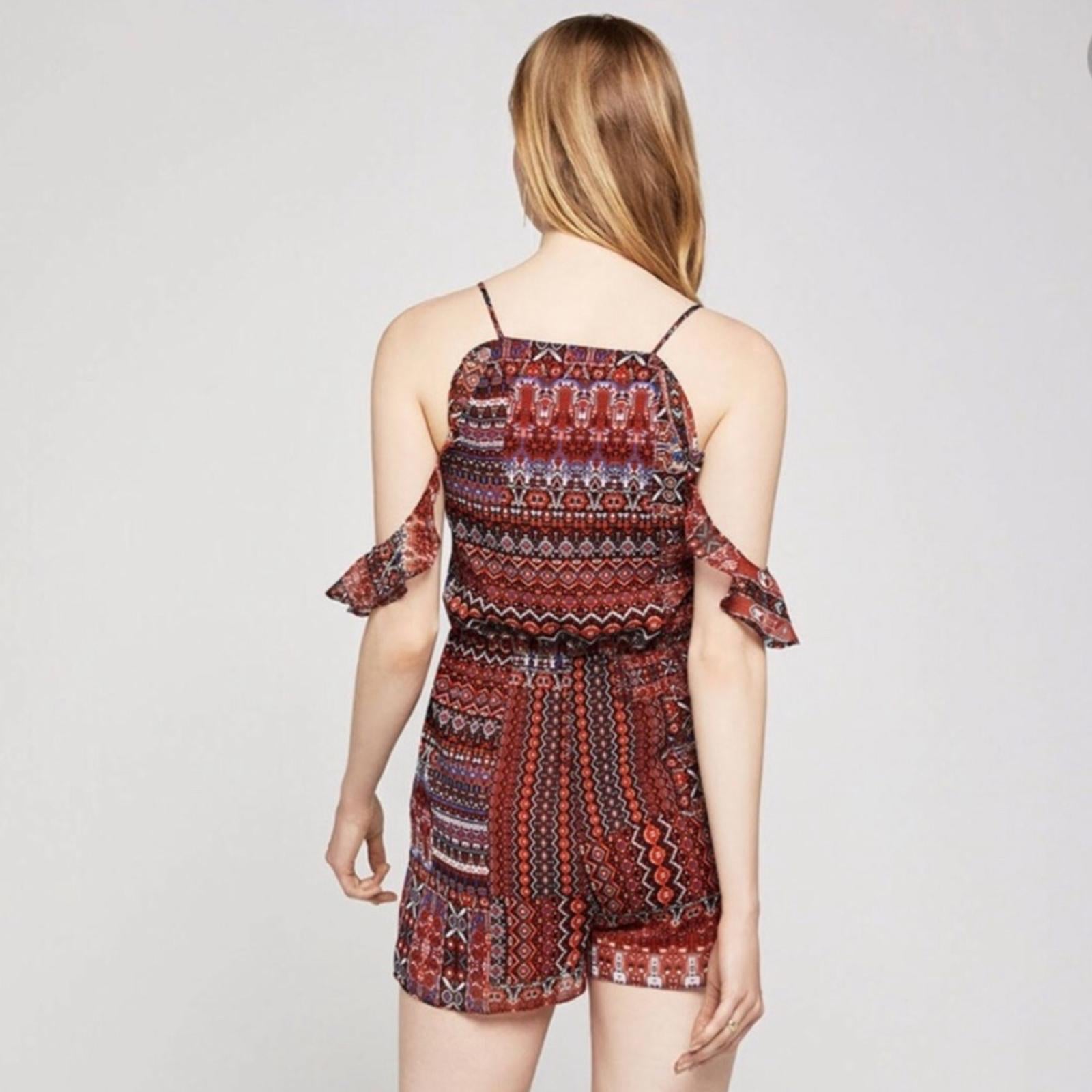 BCBG Conquistador Tapestry Print Crossover Romper w/Cold Shoulder, Size XS NWT