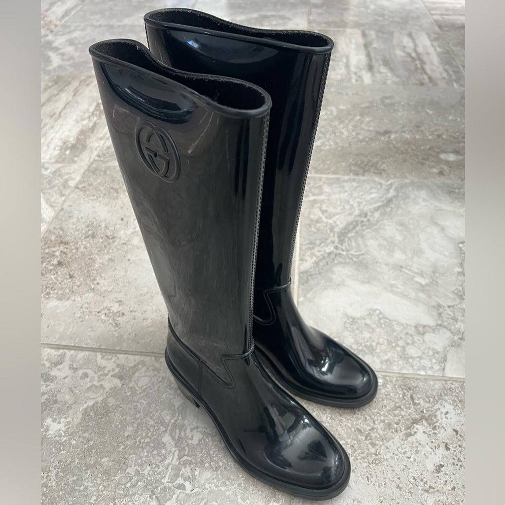 GUCCI Interlocking G Rubber Mid-Calf Rain Boots, Black Size 37 EXCELLENT!