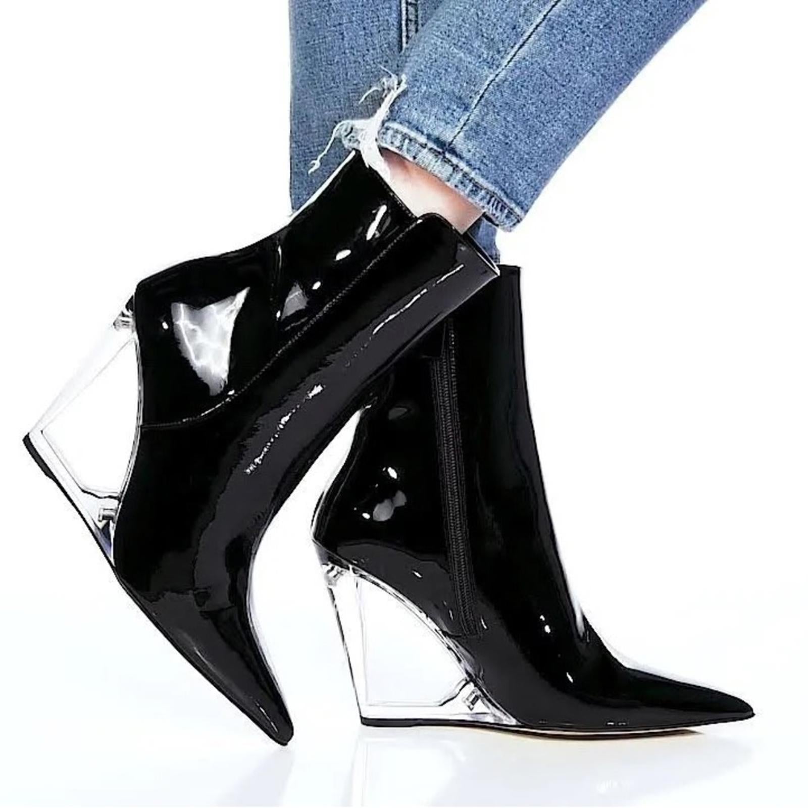 Stuart Weitzman Lucite 100 Wedge Heel Boots in Black Size 7.5 New w/o Box $750