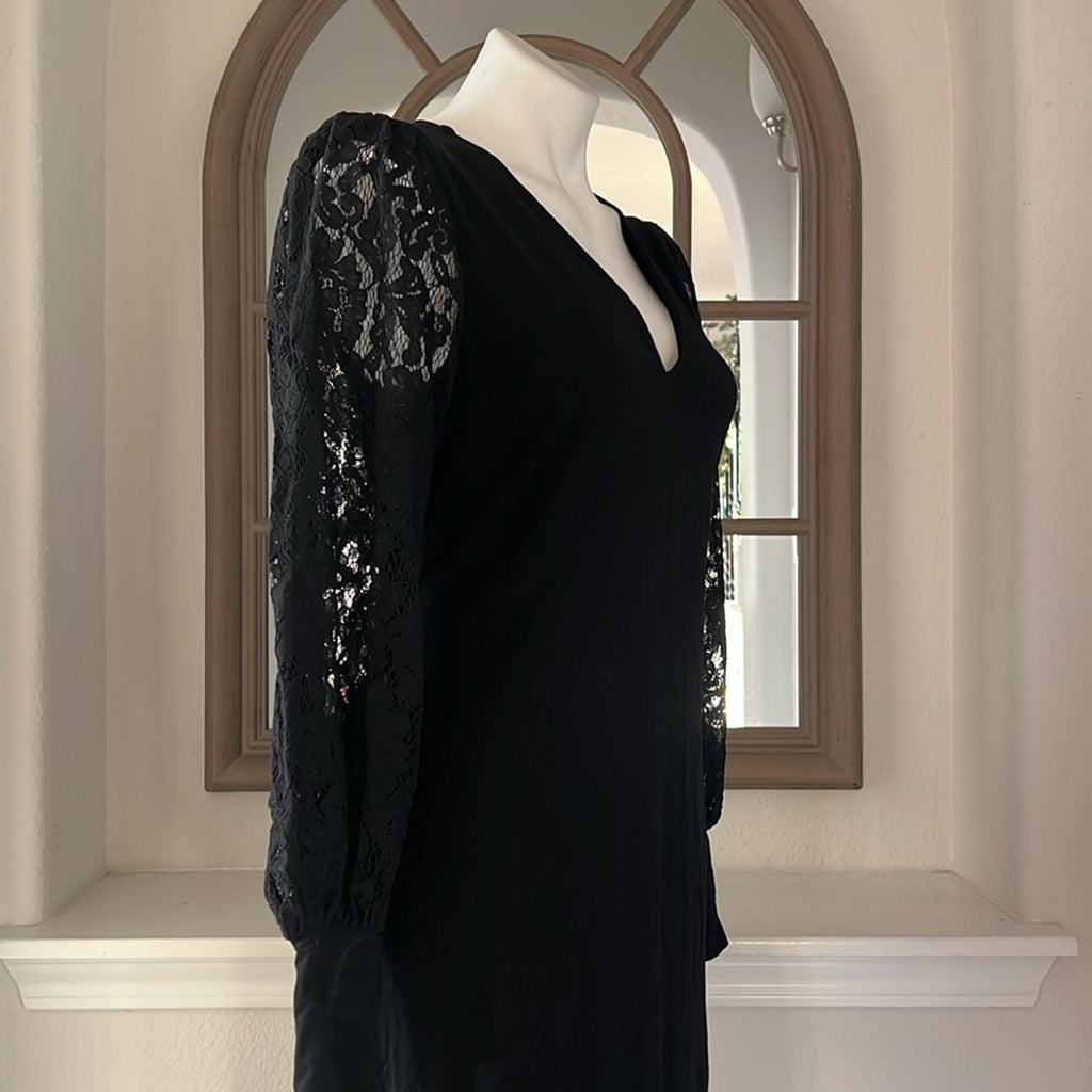 Karen Kane Lace V-Neck Midi Dress w/Lace Sleeves in Black, Size S New w/Tag $158