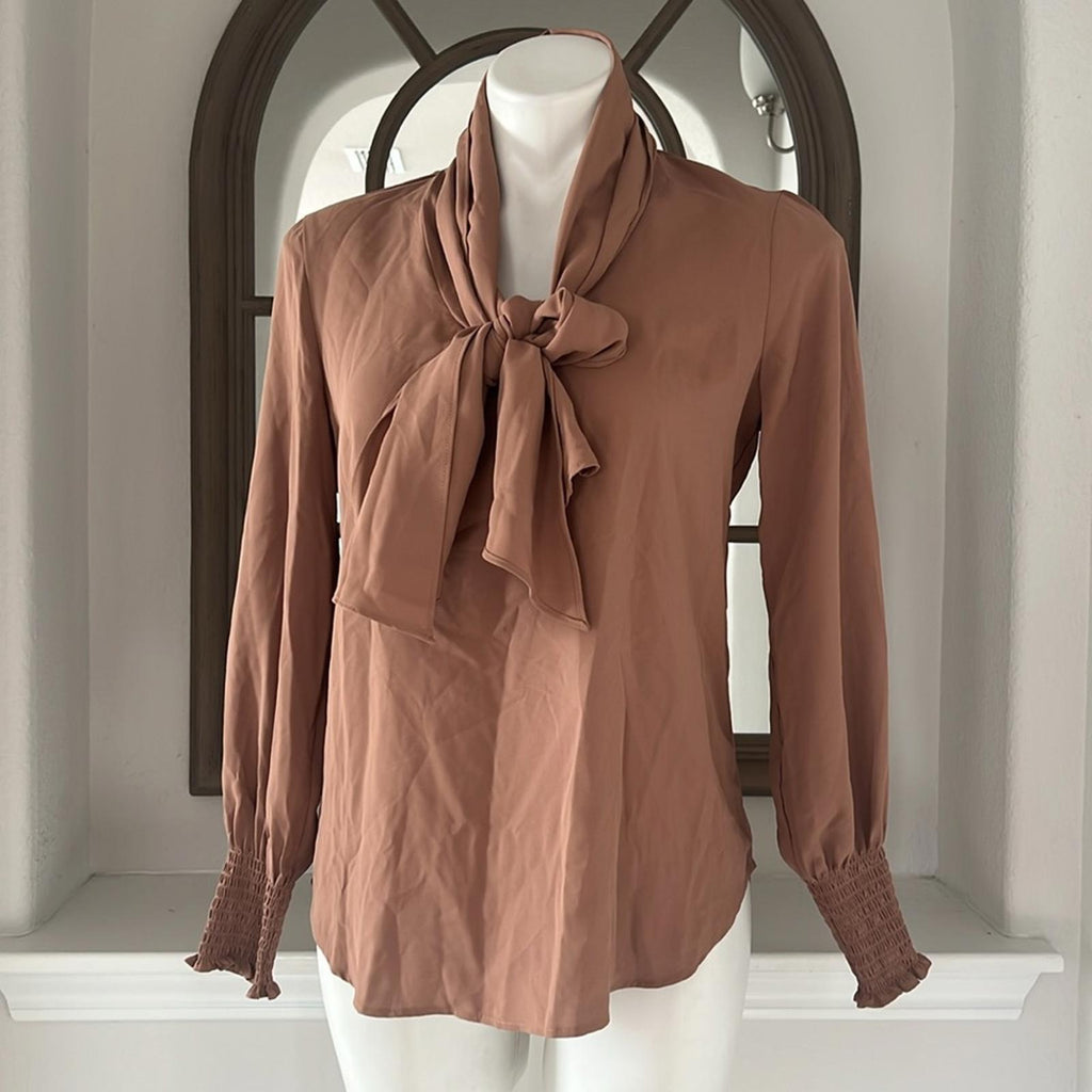 Anne Klein Blouson-Sleeve Tie-Neck Top in Brown, Size S New w/Tag, Retail $99