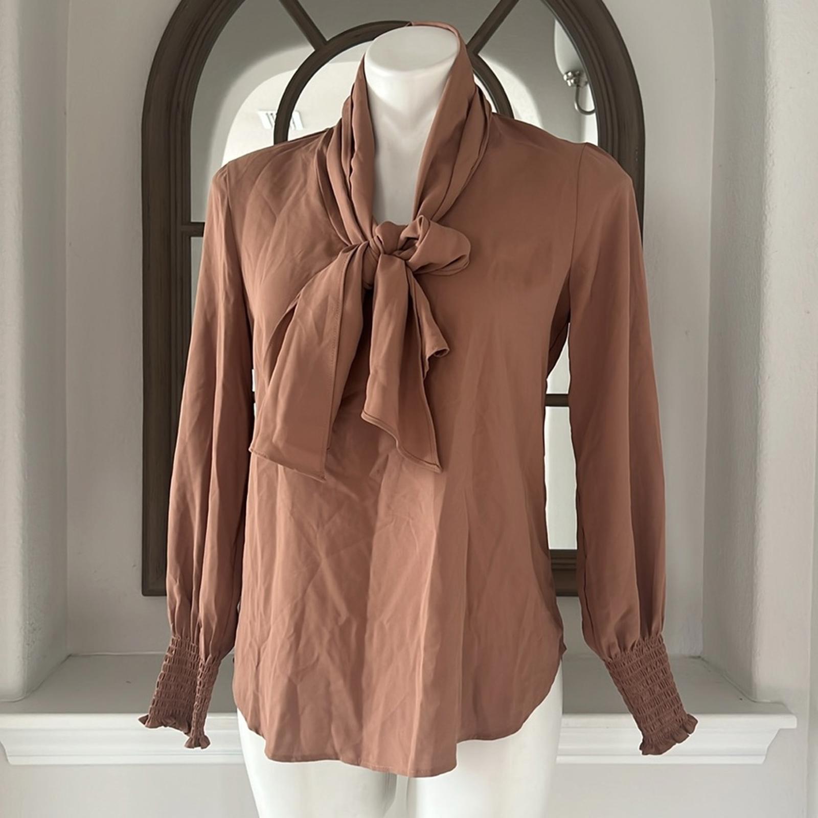 Anne Klein Blouson-Sleeve Tie-Neck Top in Brown, Size S New w/Tag, Retail $99