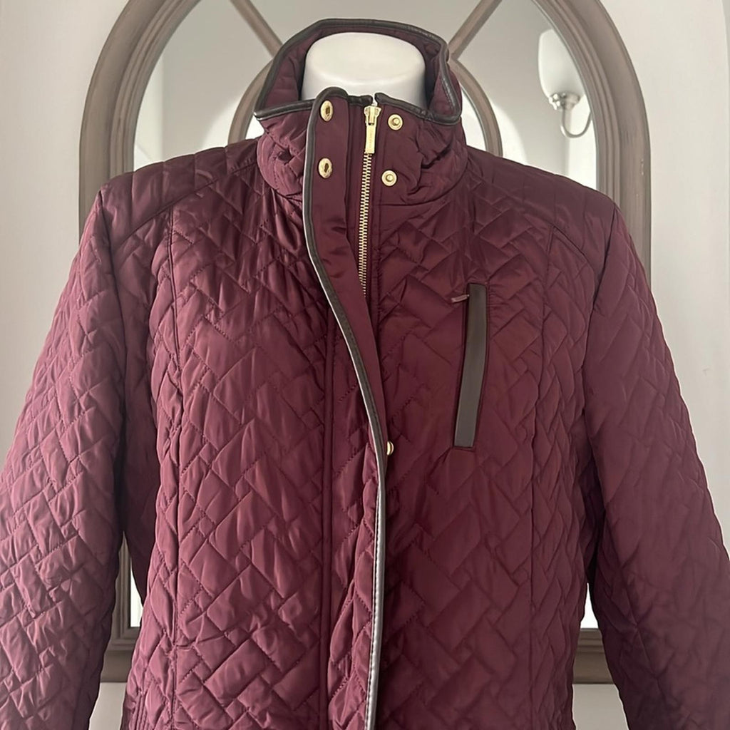 Cole Haan Burgundy Quilted Long Jacket w/Brown Leather Trim, NO BELT XL $260