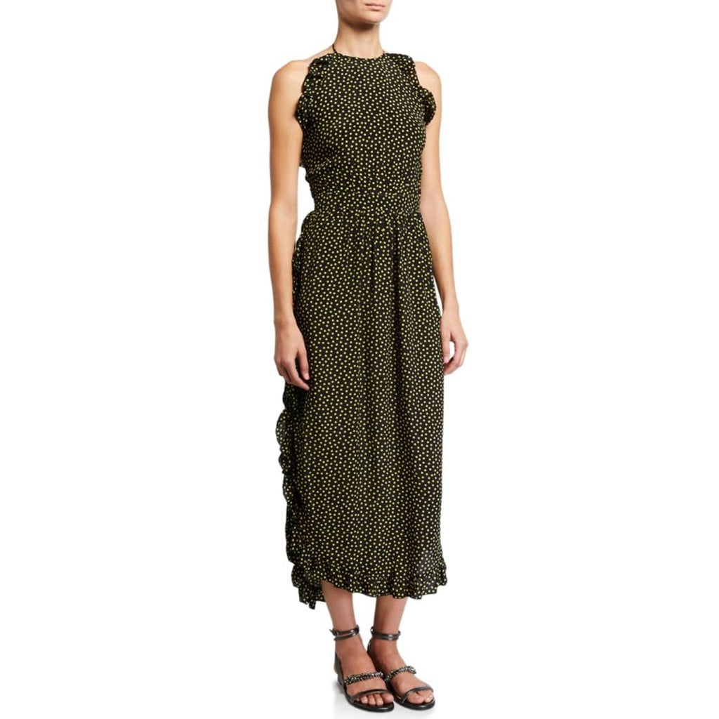 See by Chloé Dot-Print Halter Ruffle Dress, Black/Yellow Size FR40/M/8 New w/Tag
