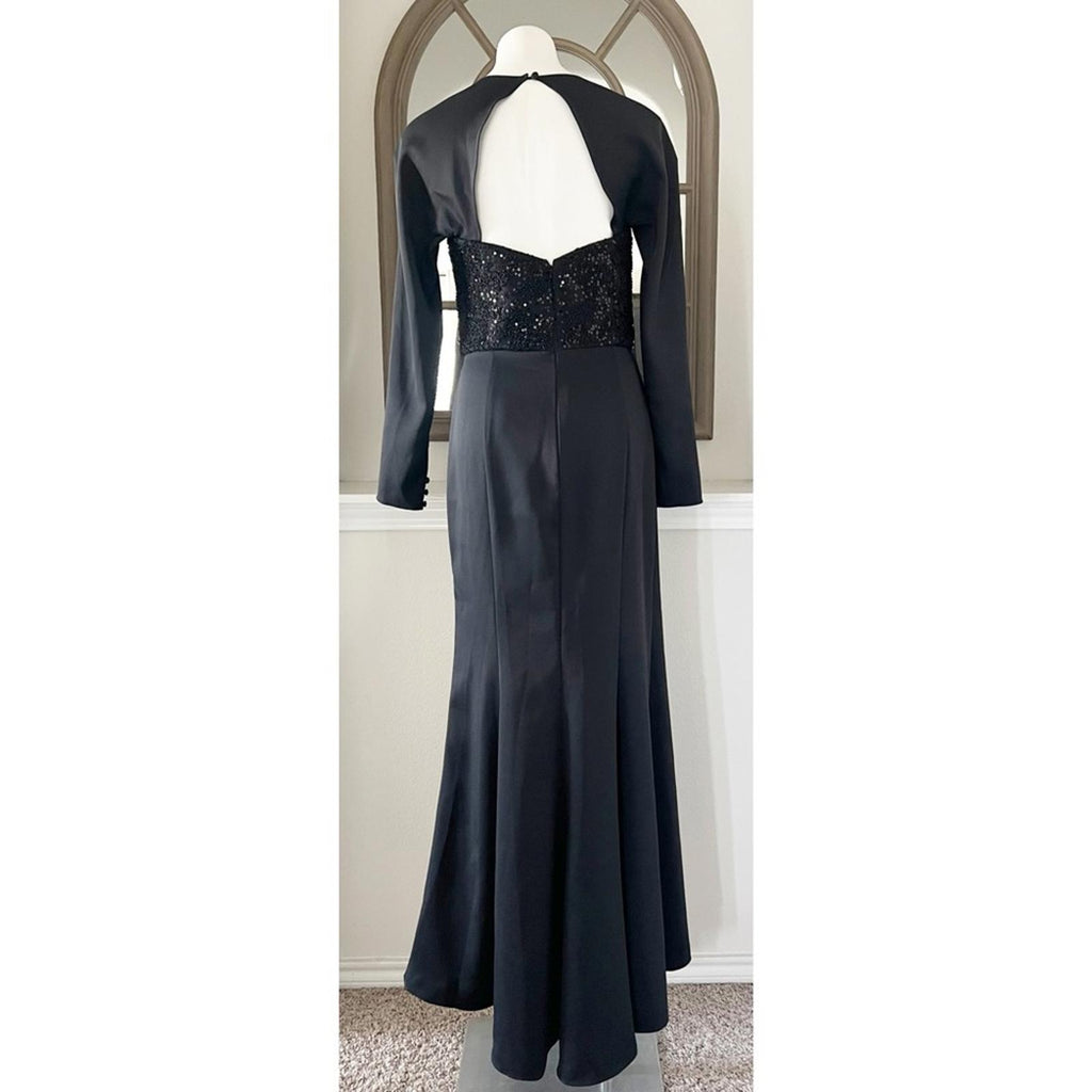Amsale Sequined Beaded Bodice Gown, Stretch Crepe in Black, Size 10 NEW w/Tag