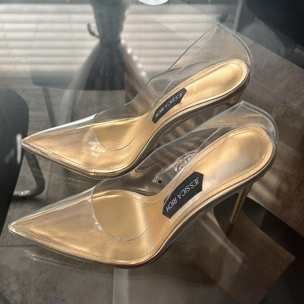 Jessica Rich Fancy Stiletto Clear Vinyl Pumps, Gold Size 39 New in Box + DustBag