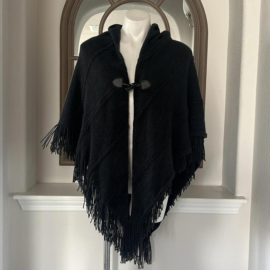 Charter Club Raschel Knit Toggle Poncho Wrap in Black, One Size NWT