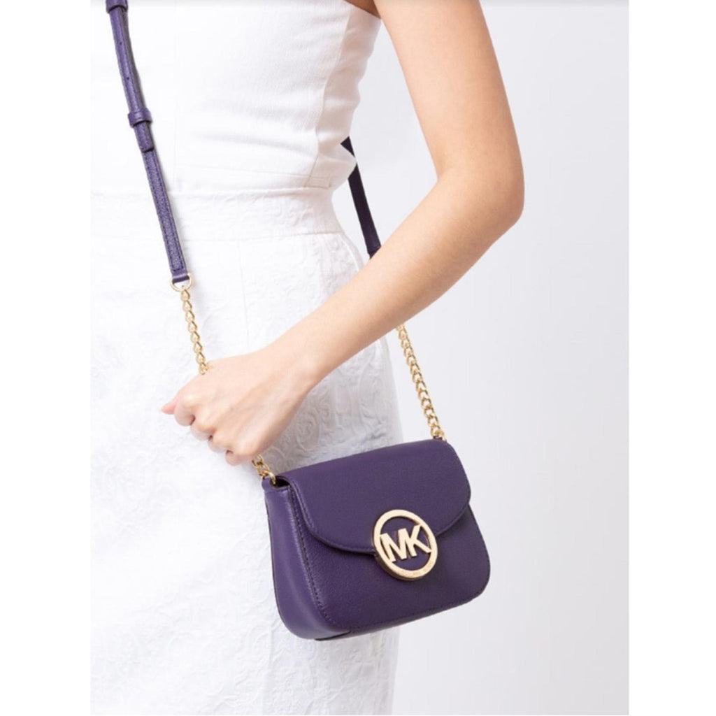 Michael Kors Fulton Leather Flap Crossbody Bag, Purple & Gold Tone Retail $208