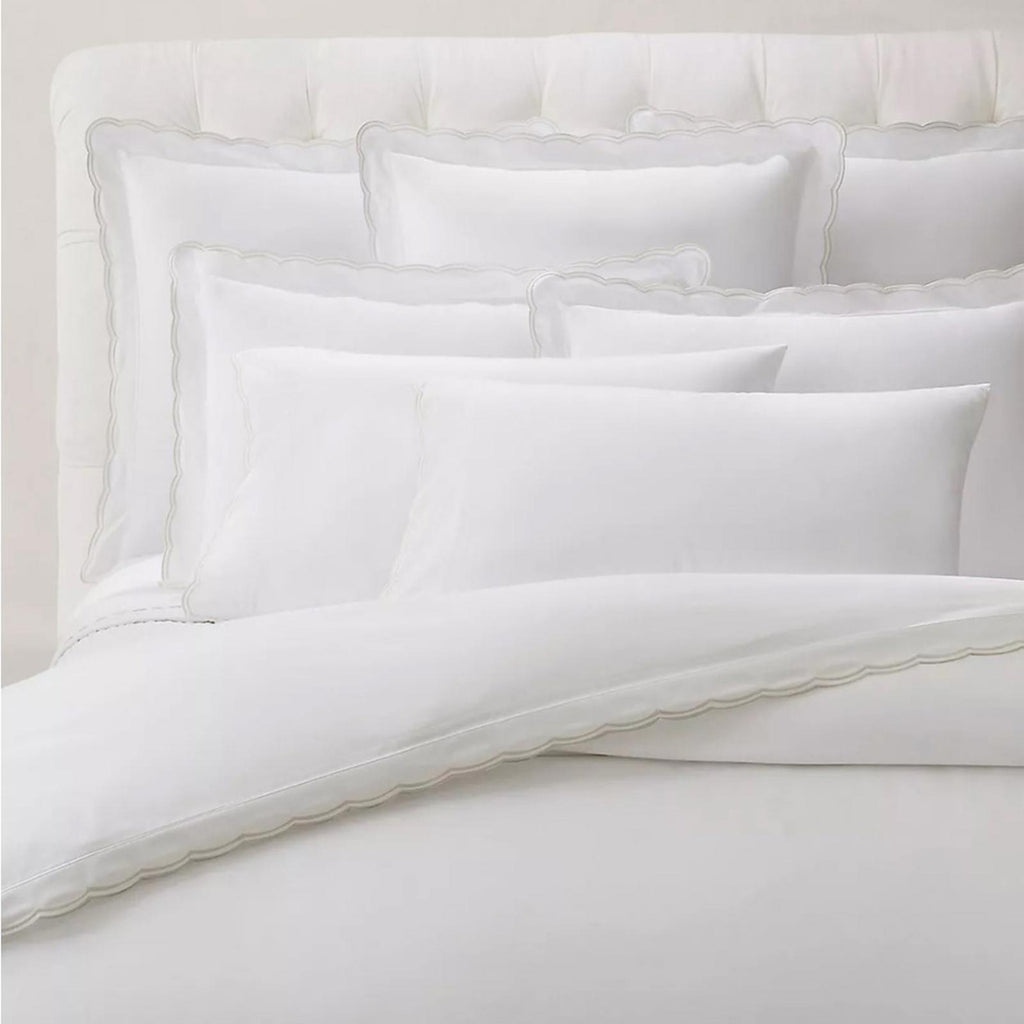 Ralph Lauren Malin Scallop Sateen Flat Sheet in White/Silver Trim, Queen NWT