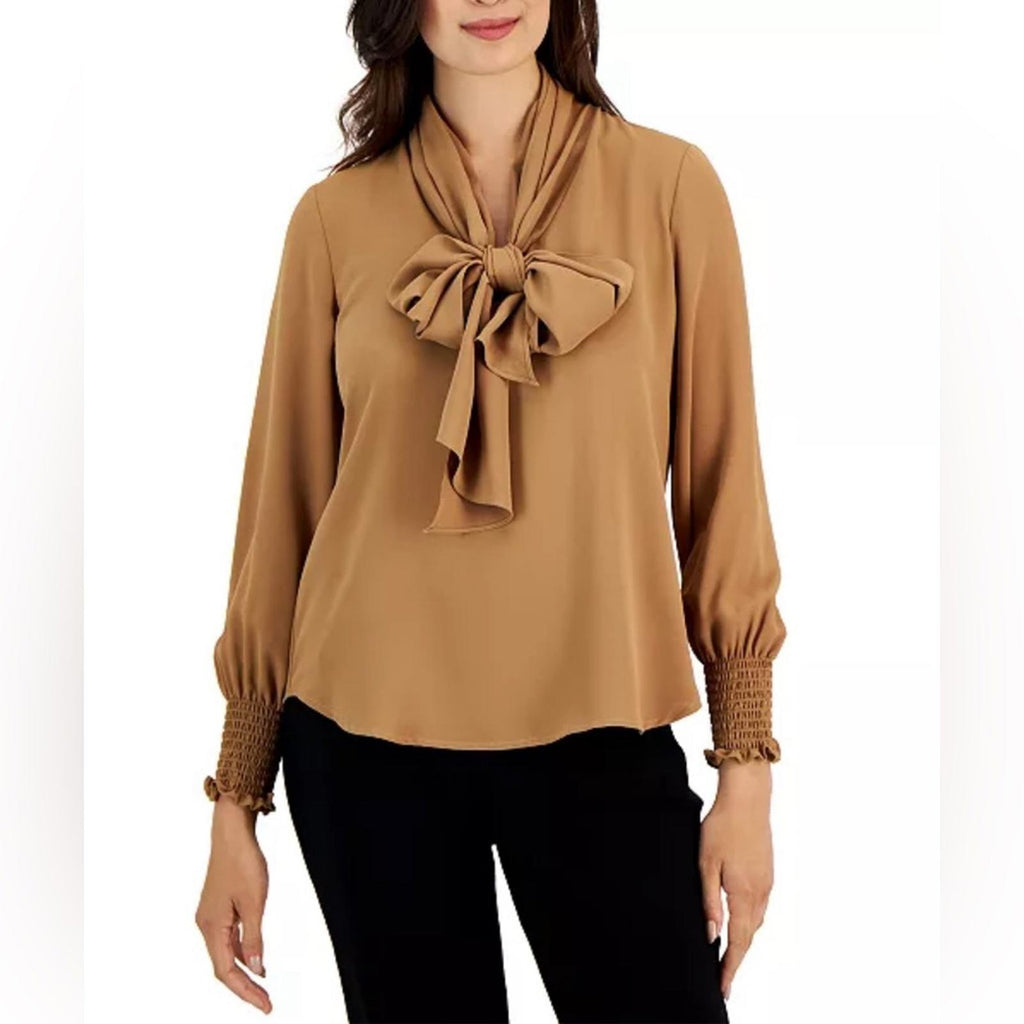 Anne Klein Blouson-Sleeve Tie-Neck Top in Brown, Size S New w/Tag, Retail $99