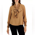 Anne Klein Blouson-Sleeve Tie-Neck Top in Brown, Size S New w/Tag, Retail $99