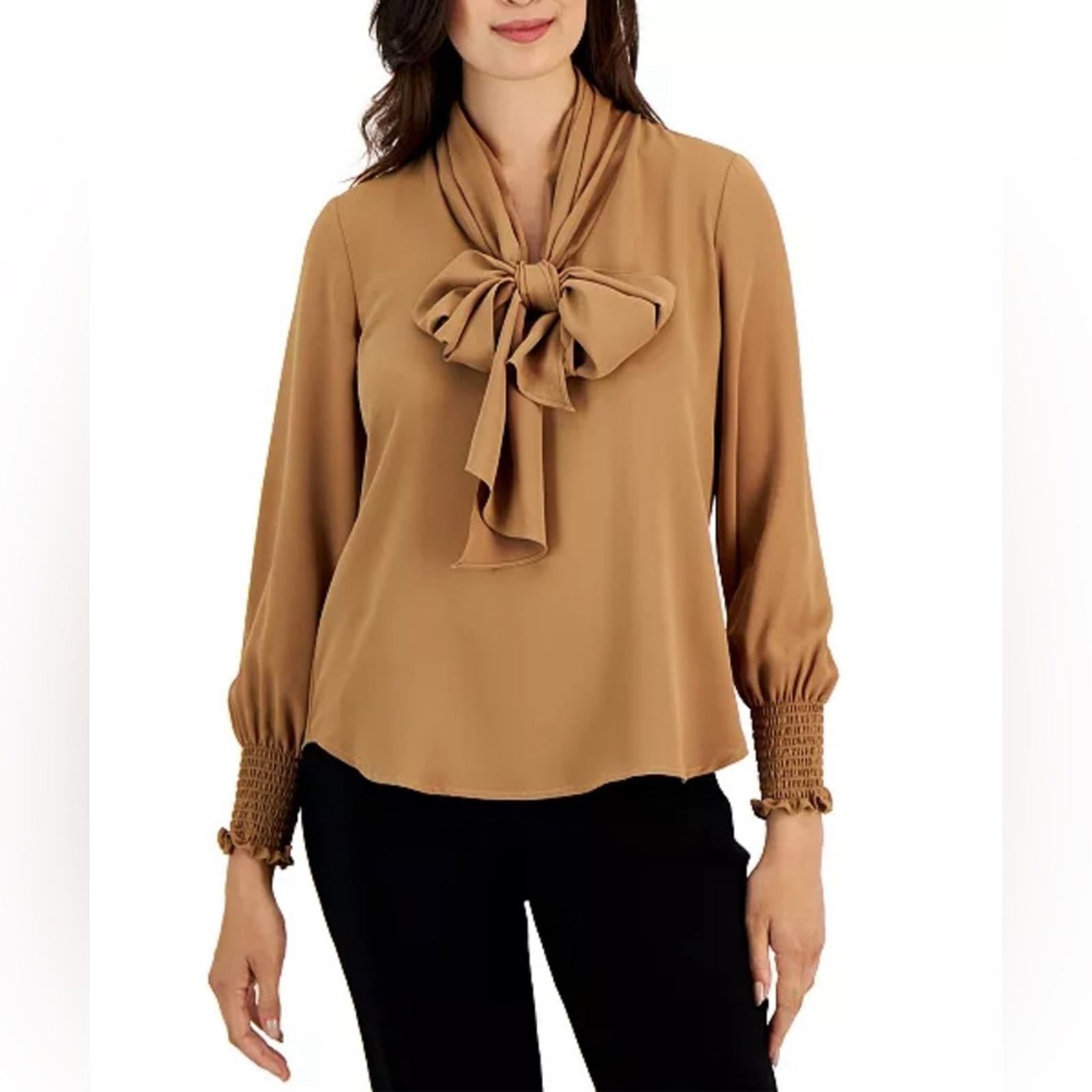 Anne Klein Blouson-Sleeve Tie-Neck Top in Brown, Size S New w/Tag, Retail $99