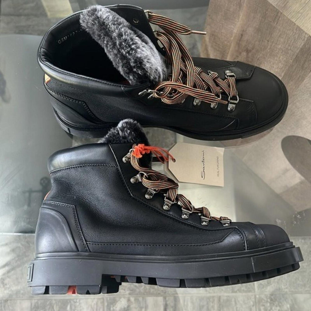 Santoni Farah Leather Genuine Shearling Lined Black Boots, Size 10.5 NEW in Box