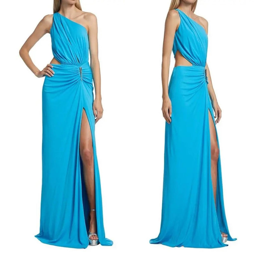 Halston Ivanna Gathered Asymmetric Cut-Out Gown, Aqua/Blue Size 4 New w/Tag